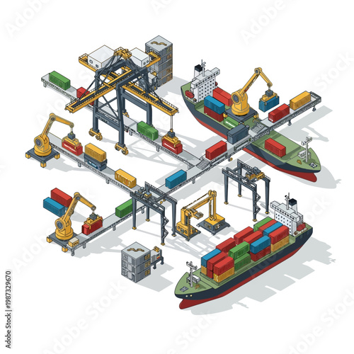 Container Ship Loading and Unloading at Port with Cranes and Robots.