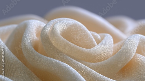 Close-up of soft cream fabric arranged in rose-like folds, creating an elegant abstract texture ideal for luxury backgrounds and design applications.
