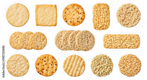 Assortment of rice crackers and puffed rice snacks as transparent cutout