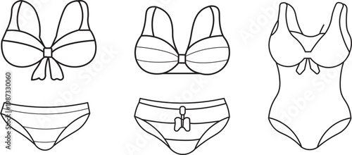 Line art illustration of three different bikini tops and three matching bikini bottoms