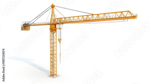 Orange crane against white. Modern crane with lattice boom and jib, diagonal angle