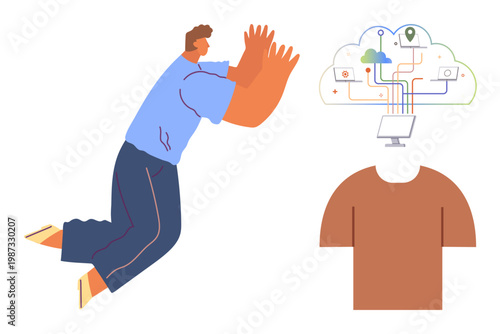 Artificial intelligence, digital communication, cloud databases, data processing, modern tech usage, cybersecurity. A man facing a headless body connected to cloud icons. Artificial intelligence