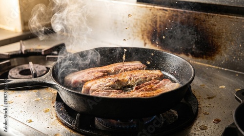 Sizzling Pork Belly Frying in Pan with Hot Oil Splatter