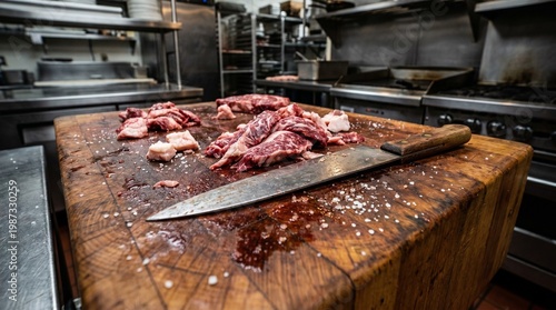 Raw Meat Scraps and Juices on Messy Butcher Block Board