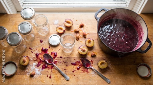 Sticky Purple Fruit Stains and Sugar on Messy Countertop After Jam Making