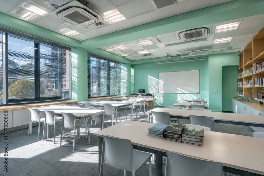 Fototapeta Bright, modern classroom with desks, chairs, windows, and bookshelves