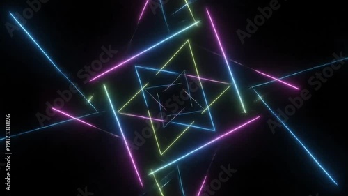 Vibrant neon geometric tunnel with shifting abstract shapes and glowing lines on a dark background.