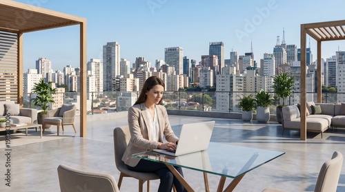 Professional Working on High Rise Rooftop Coworking Lounge