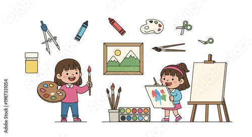 Two young girls enjoying a creative art class where they are painting on canvases with brushes and various craft materials.