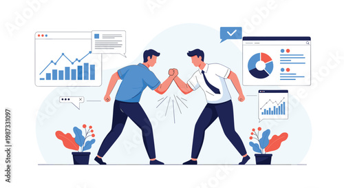 Competitive business colleagues engaged in an arm wrestling match with analytical data charts and graphs in the background.