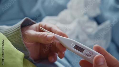 Anonymous sick person with a fever measuring body temperature with a digital thermometer