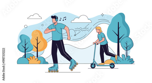 People enjoying outdoor recreation like rollerblading and riding a kick scooter in a beautiful park with colorful trees.