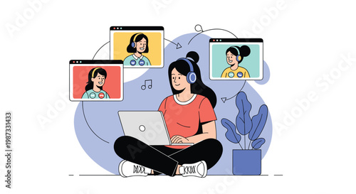 Young woman sitting on the floor and participating in a video conference with multiple people on screens while using her laptop.