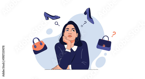 Pensive woman thinking about shopping choices between different styles of blue shoes and orange or blue handbags with question marks.