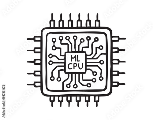 ML CPU microchip circuit illustration showcasing symmetrical traces and pin layout, bold line art, highcontrast black and white, minimalistic icon style, conveys edge intelligence and hardware