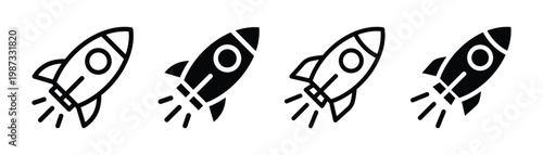 Rocket icon launching upward symbolizing startup growth innovation and business success, project acceleration strategy vector illustration