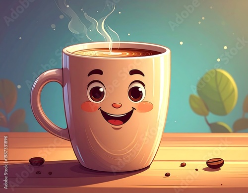 An animated coffee cup with a smiling face and rosy cheeks, steam rising from its contents, set on a wooden table. Two coffee beans are shown