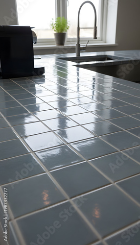 Modern Kitchen Countertop with Gray Tiles