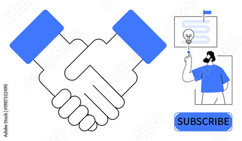 Business agreements, online services, partnerships, collaboration, digital marketing, sign-up incentives, user engagement. Handshake with Subscribe button and digital scene. Business agreements