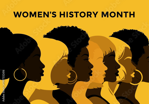 Women's History Month Banner Featuring Diverse Female Silhouettes in Profile, Empowerment and Diversity Concept Illustration for March