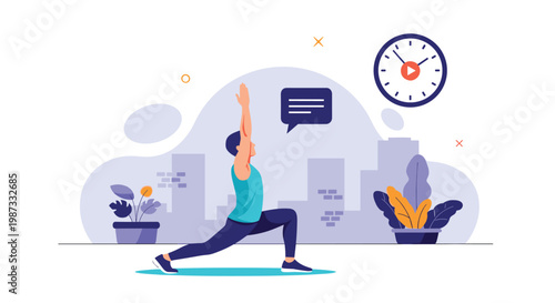 Healthy lifestyle concept showing a man practicing yoga in an urban setting with a large clock indicating workout time.