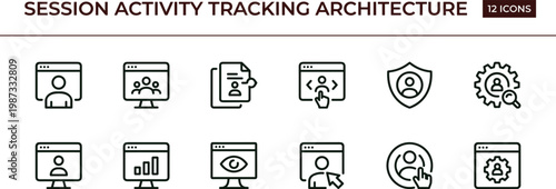 Session activity tracking architecture outline cybersecurity icon set illustrating user monitoring analytics dashboards identity observation interface tracking and reporting workflow systems