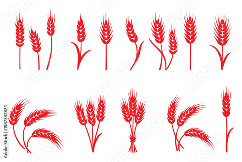 Wheat Ears Silhouette Set, A collection of seven black vector icons depicting various styles of wheat and rye ears with stalks