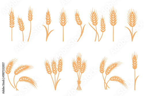 Wheat Ears Silhouette Set, A collection of seven black vector icons depicting various styles of wheat and rye ears with stalks