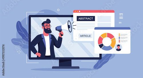 Professional man on a computer screen presenting data charts and articles using a megaphone for communication.