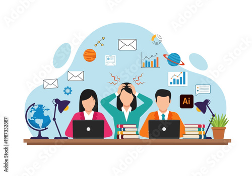 Stressed Office Employees with Overwhelmed Woman at Desk with Laptops, Burnout and Information Overload Concept Flat Vector Illustration