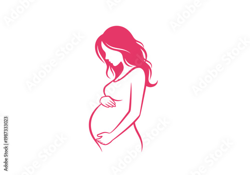 Minimalist Pink Silhouette of a Pregnant Woman for Pregnancy, Motherhood, and Maternity Care Concept, Vector Illustration isolated on White Background