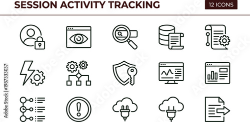 Session activity tracking outline cybersecurity icon set illustrating user behavior analytics monitoring dashboards database logging alert detection and cloud telemetry workflows