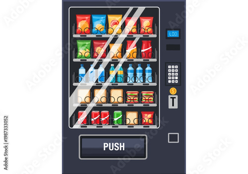 Colorful Vending Machine Illustration with Snacks, Drinks, Chips, and Sandwiches - Flat Vector Icon for Retail and Convenience Concepts