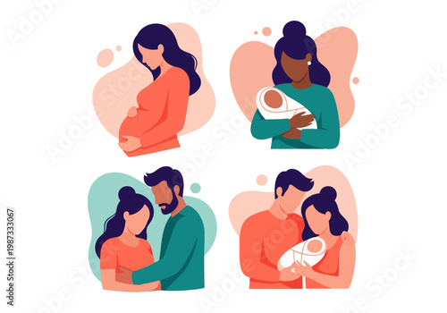 Pregnancy and Motherhood Illustration Set with Pregnant Woman, Parents Holding Newborn Baby, and Diverse Family Scenes for Healthcare and Parenting Designs