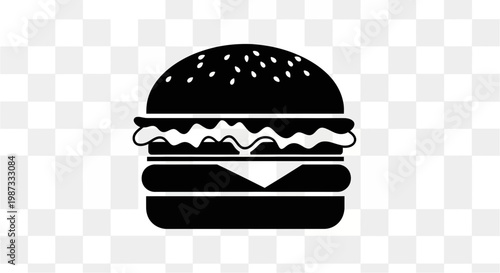 A minimalist black and white illustration of a classic hamburger on a transparent background