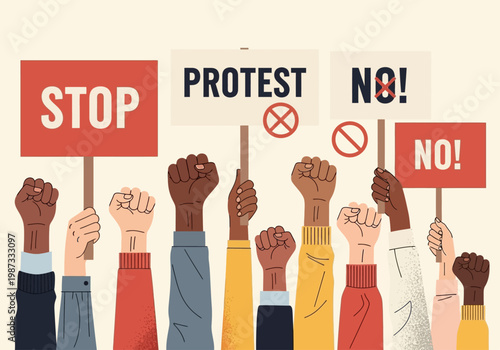 Diverse Group Raised Hands and Fists Holding Placards for Social Justice and Protest Activism Illustration