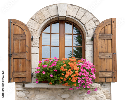 Rustic Stone Window with Wooden Shutters and Colorful Flower Box