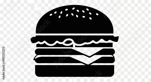 A simple black and white icon of a delicious hamburger with multiple layers and sesame seeds