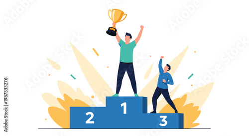 Proud athletes standing on a blue winners podium celebrating victory with a golden trophy and raised arms in success.