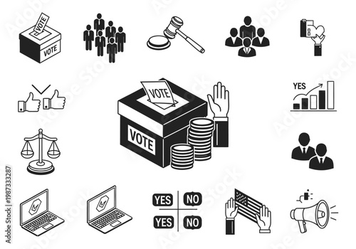 Election and Democracy Icon Set: Voting Ballot Box, Justice Scales, Law Gavel, and Civic Participation Symbols in Black and White