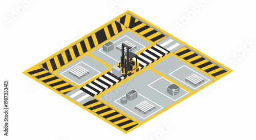 Isometric Warehouse Forklift Illustration with Pallets and Industrial Safety Markings for Logistics and Supply Chain