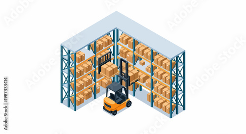 Isometric Warehouse Logistics Illustration: Forklift Loading Cardboard Boxes on Industrial Pallet Racking