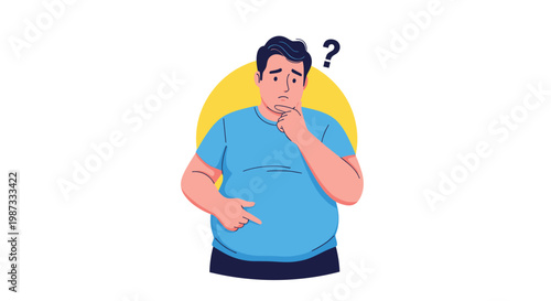 Overweight young man looking down at his stomach with a confused expression and thinking about weight loss and health goals.