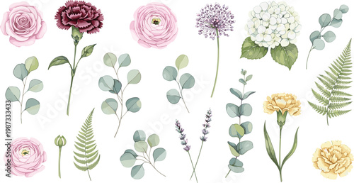 Slika na platnu Beautiful floral collection featuring roses carnations ranunculus hydrangeas and