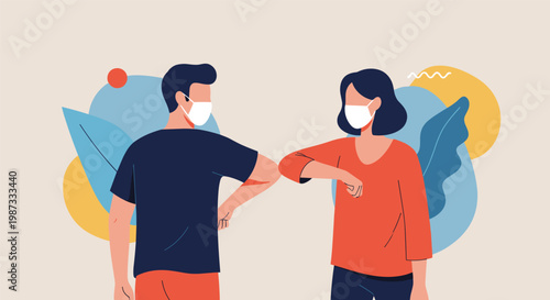 Man and woman wearing face masks and performing an elbow bump greeting as a safe social distancing practice during a pandemic.