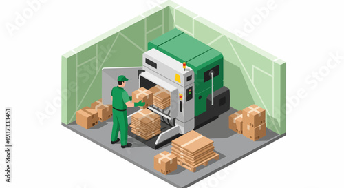 Isometric Warehouse Worker Using Industrial Cardboard Baler Machine for Recycling and Waste Management