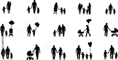 Black family silhouettes collection featuring parents walking with children holding hands using strollers and carrying balloons for lifestyle graphic design and community vector illustration projects