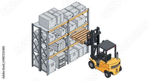 Isometric Warehouse Logistics Illustration Featuring a Yellow Forklift Truck and Industrial Shelving Racks Filled with Cardboard Boxes for Distribution and Storage