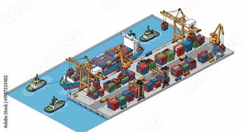 Isometric Global Logistics Cargo Port with Shipping Containers, Gantry Cranes, and Large Vessels for Supply Chain and International Trade