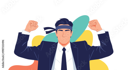 Confident businessman in a suit and headband flexing his arms to show strength and determination for business challenges.